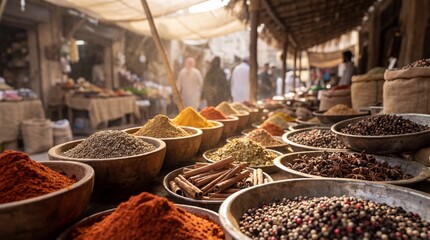 Spices illuminated by a single diagonal sunbeam at a market stall, capturing morning freshness and realism.