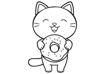 ISO A1 Kids Coloring Page Featuring a Cute Kawaii Cat Holding a Donut, Sweet Cartoon Character Illustration with Simple Black and White Line Art, Clean EPS Vector