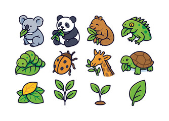 Obraz premium Colorful Folivore Icons. Folivores. Colorful isometric vector icons set of Folivores: koala eating eucalyptus, panda chewing bamboo, sloth with leaves, iguana