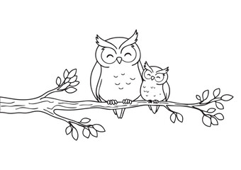 ISO A1 Vertical Coloring Page Featuring a Mother Owl and Baby Owl Hugging on a Tree Branch, Sweet Animal Family Scene for Kids, Simple Black and White EPS Line Art