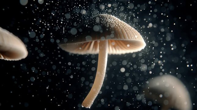 Magical glowing mushrooms releasing spores in a dark fantasy forest