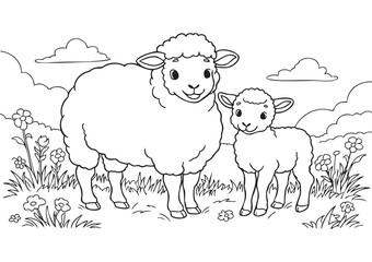 Horizontal ISO A1 Kids Coloring Page Showing a Happy Mother Sheep and Baby Lamb Standing Side by Side in Open Meadows, Gentle Nature Scene with Clean EPS Vector Line Art