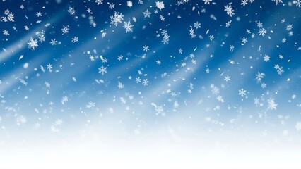 Fototapeta premium Snow falling against blue sky with sunbeams snowflakes falling snow