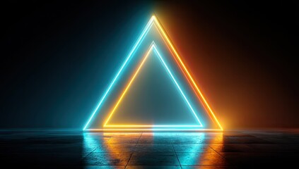 Neon triangle glowing in blue and orange against dark background
