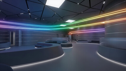 Futuristic interior with colorful neon lights and modern design elements, creating a vibrant and dynamic atmosphere.