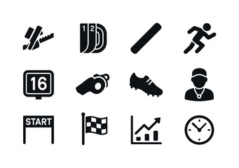 Fototapeta premium Track Running Icons. Track running. Solid icon set of Track running: starting blocks, track lanes, baton icon, sprint icon, lap counter, track whistle, spikes