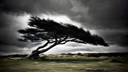 adversarial. A tree crown bent sideways by strong wind against a stormy sky. ESG reports, sustainability campaigns, designed for environmental awareness campaigns, used by videographers.