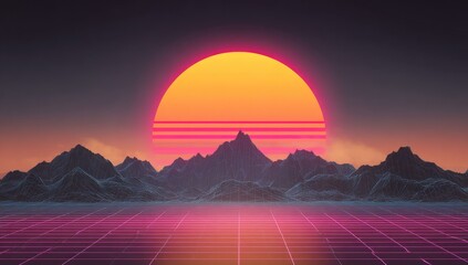 Retro sunset over mountains with vibrant colors and grid lines graphic