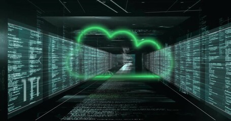 Animation of cloud icon and data processing over dark background - Powered by Adobe