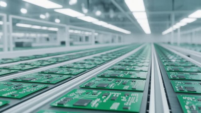 Futuristic PCB Conveyor Manufacturing: Green Circuit Boards Precision Assembly Line
