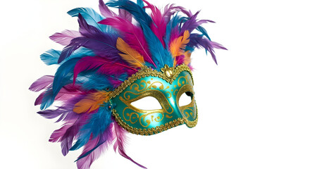 Teal Venetian mask with gold scrollwork and vibrant feathers.