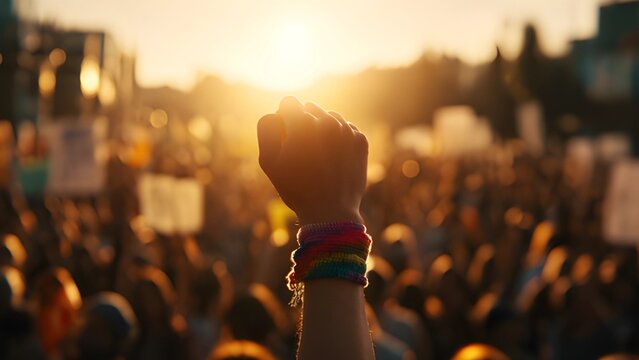 Sunlit street protest or demonstration. Violent protest, unrest, overthrown silhouette. Uprising  crowd of people, some holding blank signs or banners. 