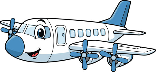 Smiling cartoon airplane with face, blue propellers, friendly aircraft character, children’s travel theme, educational aviation design - flat vector illustration