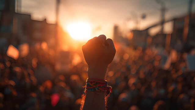 Sunlit street protest or demonstration. Violent protest, unrest, overthrown silhouette. Uprising  crowd of people, some holding blank signs or banners. 