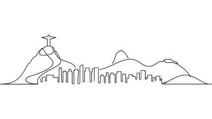 Continuous line drawing of cityscape with mountains and iconic statue © MDANTOR