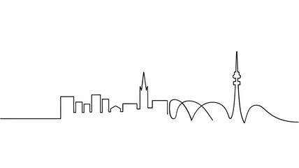 Continuous line drawing of a city skyline with tall buildings and skyscrapers
