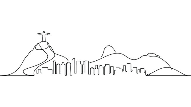 Continuous line drawing of cityscape with mountains and iconic statue