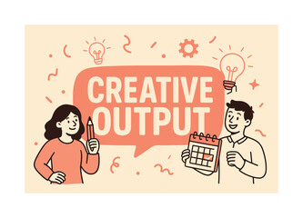 Creative Output Banner. Creative Output banner, flat vector illustration, bold oversized text inside rounded blob banner, cartoon characters drawing and