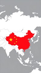 Obraz premium Map of Asia; China highlighted with its flag colors of red with yellow stars