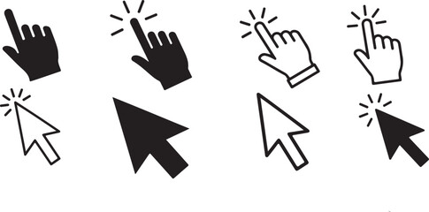 A set of computer mouse pointer icons featuring hand and arrow cursors for user interface design