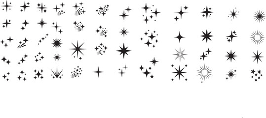 Collection of different black sparkle and twinkle icons for design and decoration