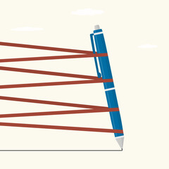 Blue pen trying to move forward with full effort. Business difficulty or struggle with career to overcome to success. Pen is bound with red warning or restrictive tape
