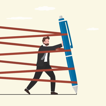 Businessman push blue pen trying to move forward with full effort. Business difficulty or struggle with career to overcome to success.