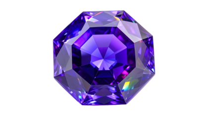 Vibrant octagon gemstone, brilliant facets, intense violet-blue hues, black backdrop