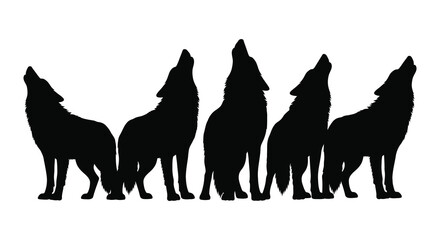 Fototapeta premium A striking depiction of a pack of wolves howling at the moon presented in bold silhouette