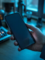 Close-up of a hand holding a modern smartphone with a blank black screen for mockup, cinematic blue low light background with copy space for mobile app design and tech advertising.