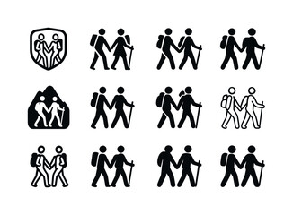 Romantic Vacation Icons. Romantic getaways and vacations. Icon set. Set Logo of romantic getaways and vacations: Couple hiking. harmonious logo variations of