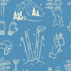 Fototapeta na wymiar Hand drawn winter ski and apres ski seamless pattern in whimsical doodle style. Includes skiers, snowboard, clothing, equipment, cocktails and holiday elements. Cute line art, vintage background