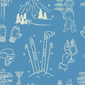 Hand drawn winter ski and apres ski seamless pattern in whimsical doodle style. Includes skiers, snowboard, clothing, equipment, cocktails and holiday elements. Cute line art, vintage background