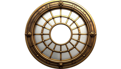 Circular metallic window with radial grid design and rivets