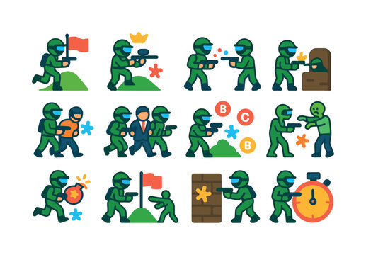 Colorful Paintball Icons. Paintball scenarios. Colorful flat vector icons set of paintball scenarios: capture the flag, king of the hill, elimination mode,