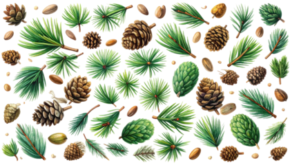 Illustration of assorted pine branches, cones, and seeds on black background