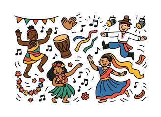 Vibrant Cultural Dance. Cultural dance groups and performances. Colorful Hand-drawn doodle Children illustration Cultural dance groups and performances