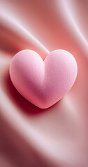 Soft pink heart resting on gentle silk fabric creates a serene and romantic atmosphere