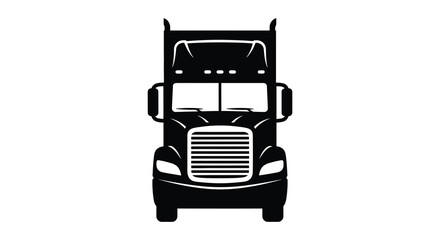 A striking black and white illustration of a large semi truck front view minimal design silhouette