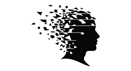 A fragmented human head profile with pieces breaking apart and dissolving into the void silhouette