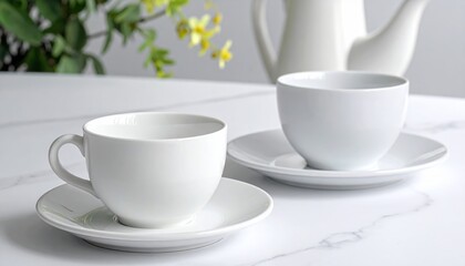 A close-up image of a hot breakfast beverage served in a white porcelain cup and teapot