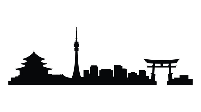 Tokyo city skyline with pagoda and torii gate silhouette