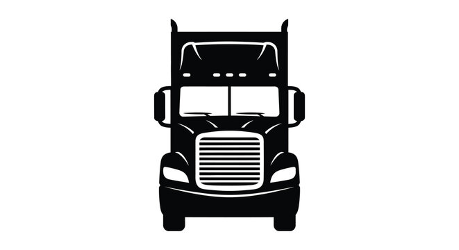 A striking black and white illustration of a large semi truck front view minimal design silhouette