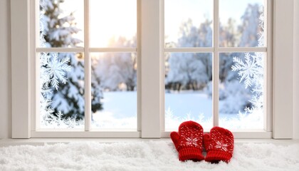 Red knitted mittens sitting in the snow beside a window with a winter view
