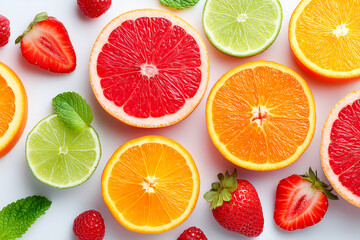 Fototapeta premium Fresh and vibrant assortment of citrus fruits and berries on a clean surface Generative AI