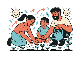 Naklejka premium Family Gardening Together. Home gardening. Family members kneel side by side planting seeds and watering soil, surrounded by sprouting greens and happy sun