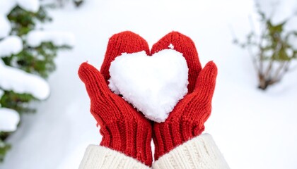 Hands in red mittens holding a snow heart outdoors