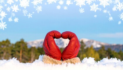 Red Leather Mittens Forming a Heart Shape in Snow