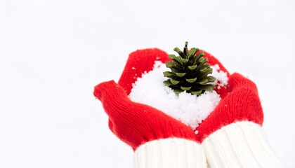 Red Mittens Holding Pinecone and Snow in a Winter Scene