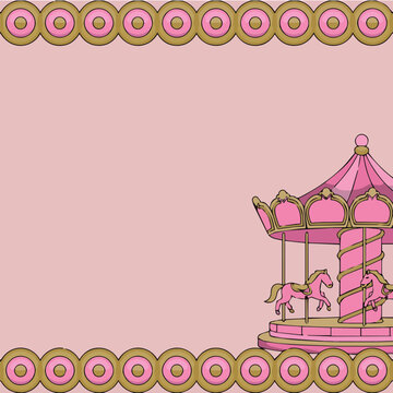 Pink carousel horses illustration for baby girl nursery decor and party invitation background design
